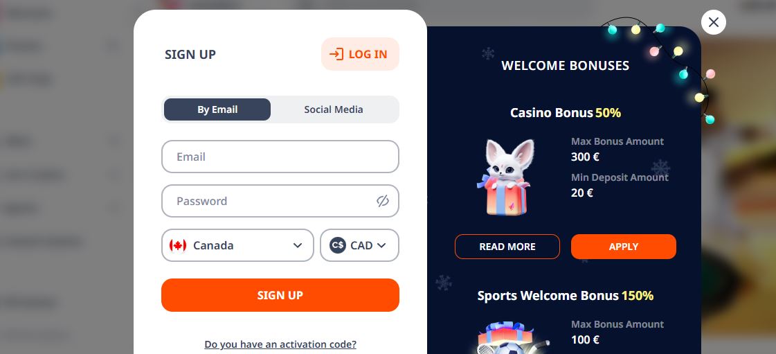 Sign up by email at Monro Casino and claim 50% welcome bonus