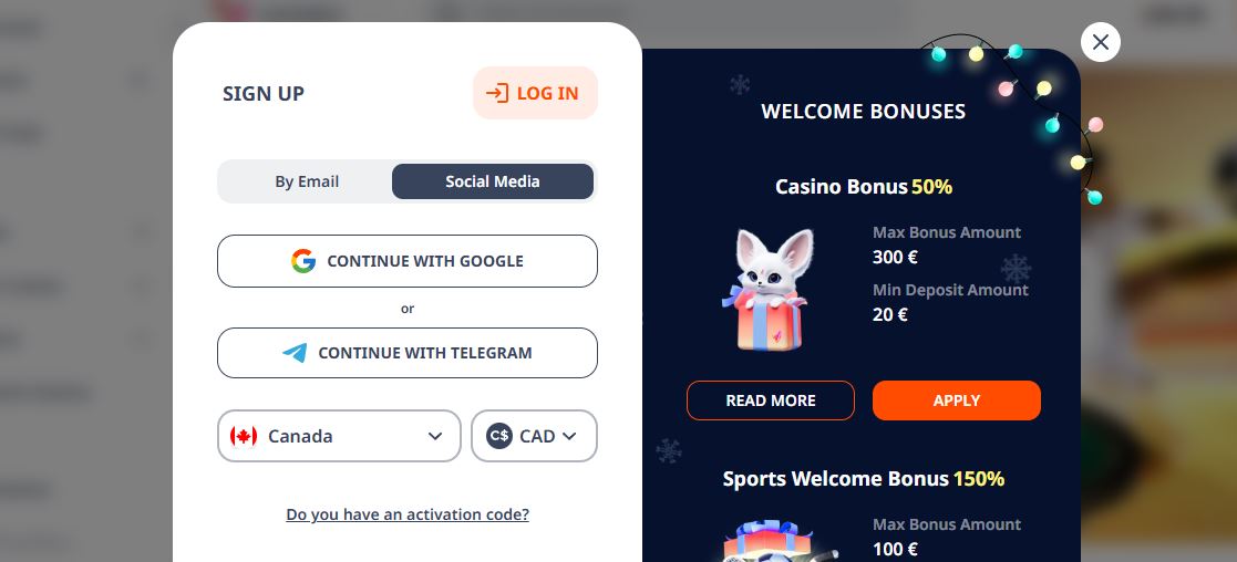 Register with Google or Telegram and get casino sports bonuses