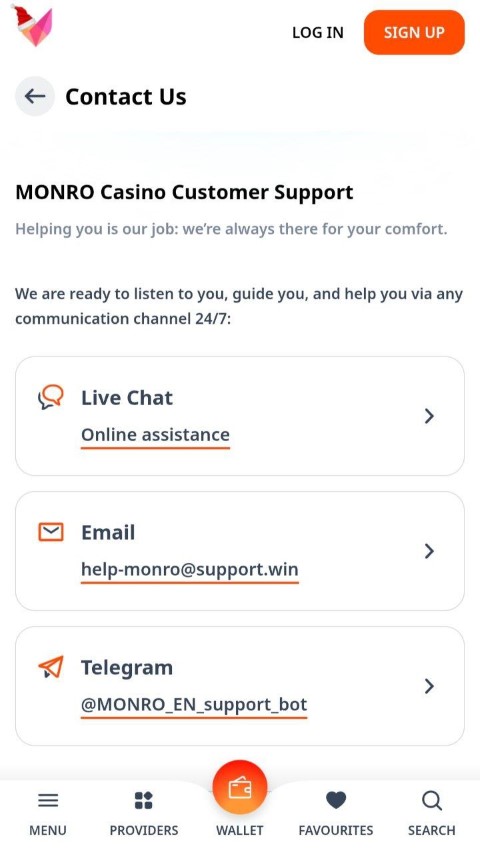 Contact support via live chat email or Telegram in Monro app